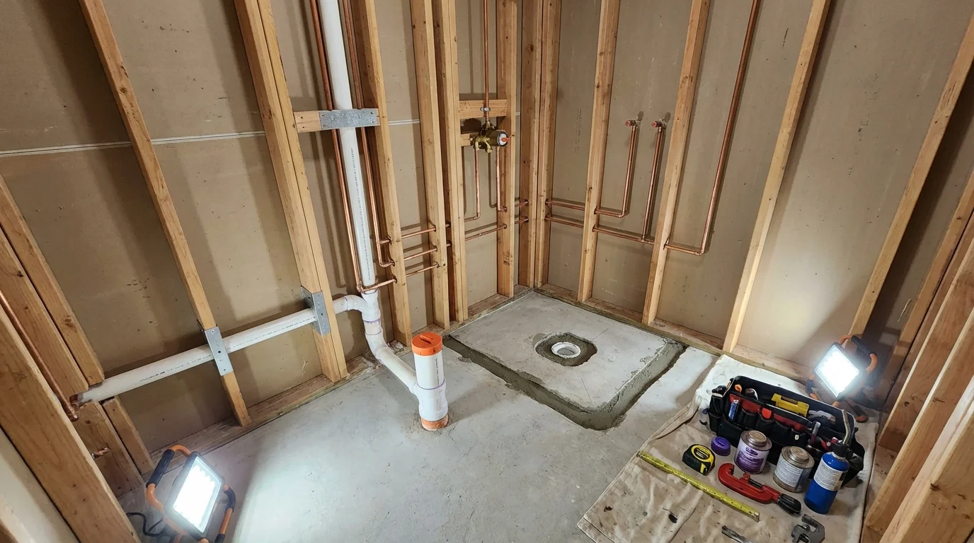 Bathroom rough-in plumbing during remodel by Johns Plumbing LLC in Shavertown