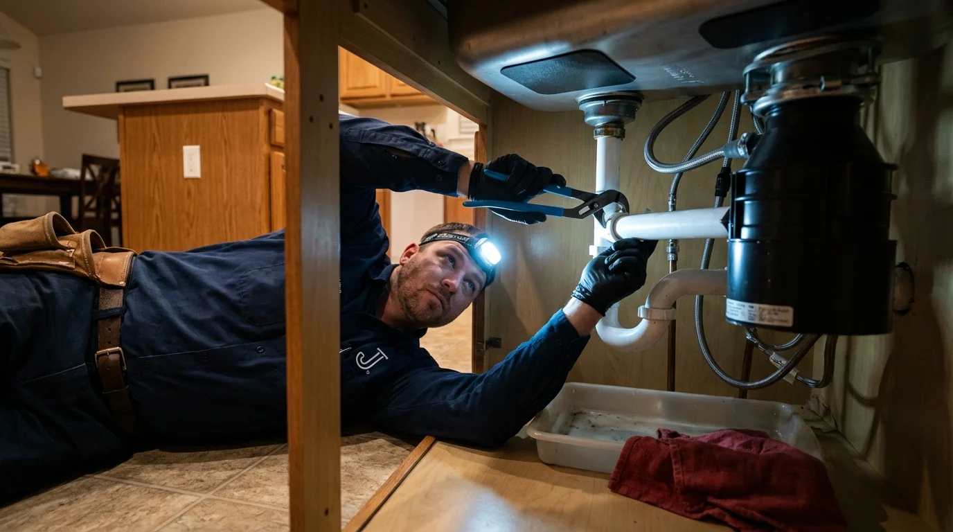 P-trap and supply line connections under a kitchen sink showing a common leak point in Shavertown, PA